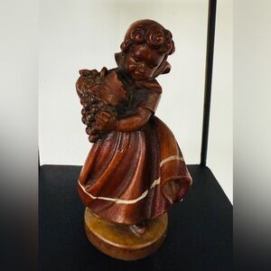 Vintage Carved Wood Girl Holding Grapes